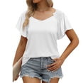 thumbnail image 4 of Womens Tops Shirts Solid Color Summer Casual V Neck Ruffle Short Sleeve Loose Fit Flowy Plain Tees Blouses White M, 4 of 8