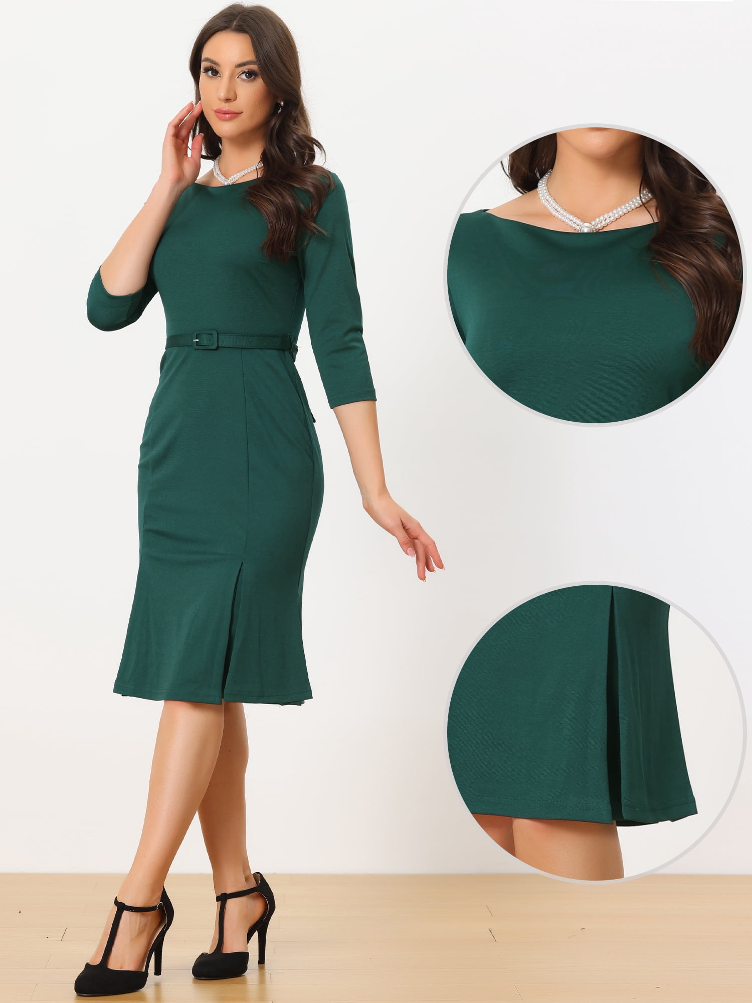 DARING DIVA Boat Neck Half Sleeve Pleated Business Elegant Dresses XS Dark Green
