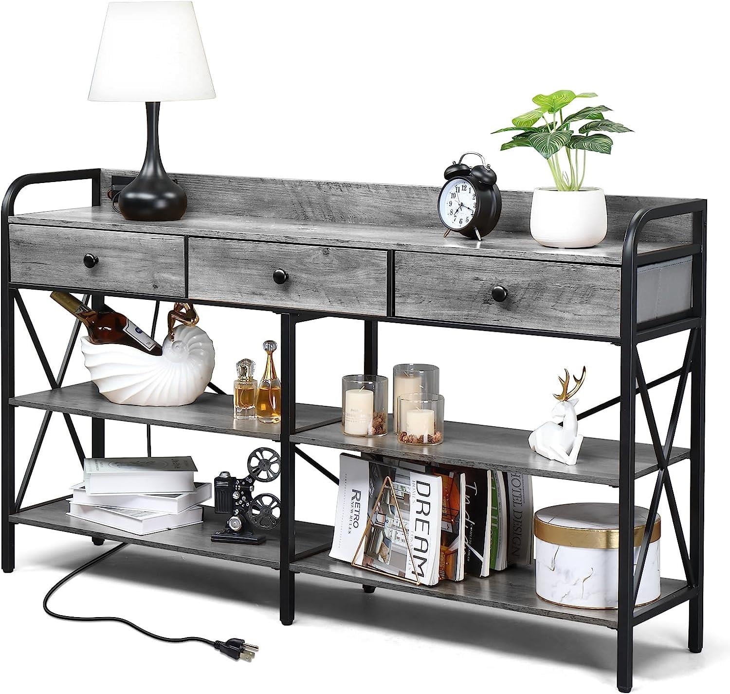 "Zimtown 55"" Industrial Console Table with Power Outlet and USB Ports, Gray, Suitable for Living"