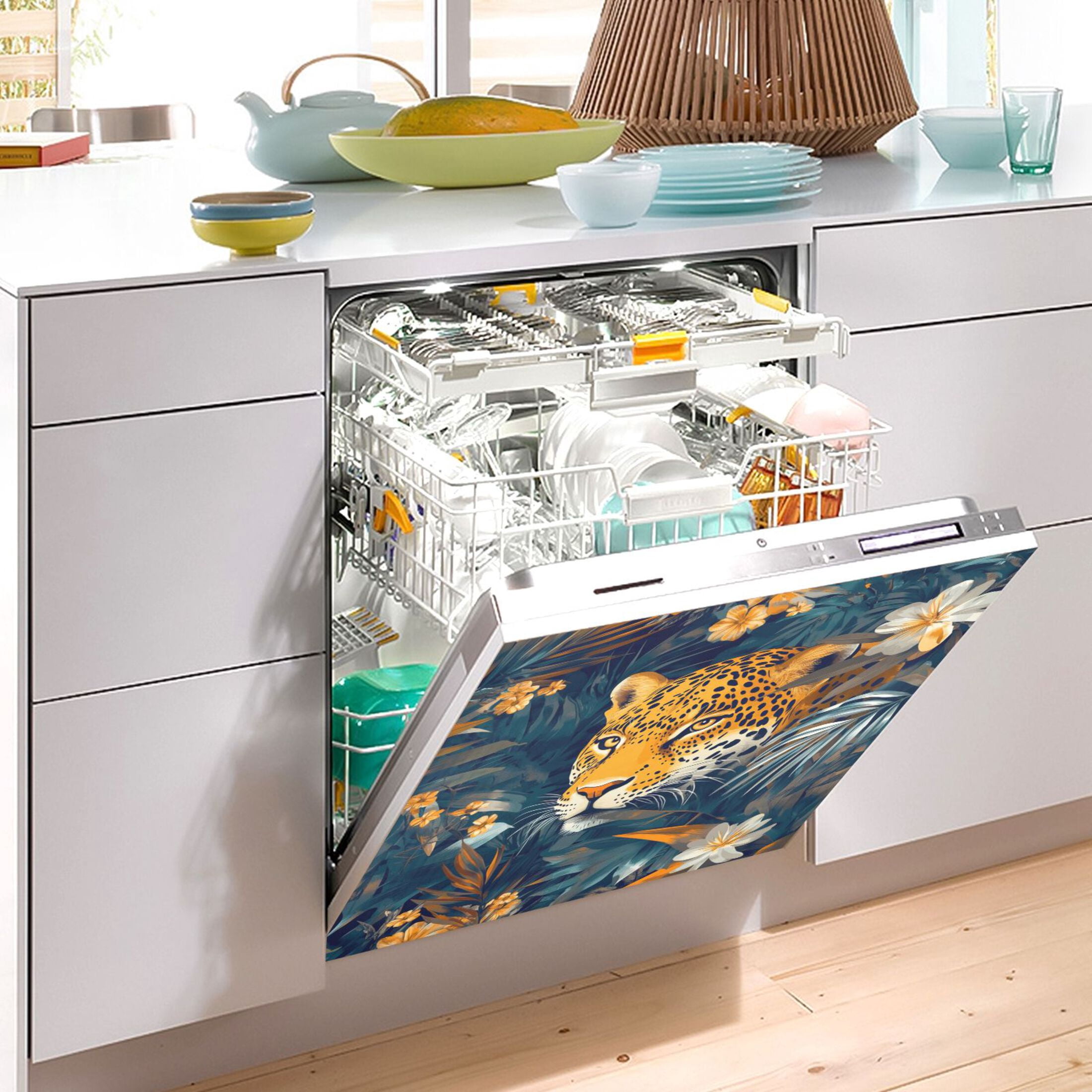 Dishwasher Magnetic Sticker 23x26 Inch Refrigerator Magnetic Sticker Washing Machine Magnetic Sticker Kitchen Panel Magnetic Sticker Home Decor Jungle Cartoon Leopard Pattern