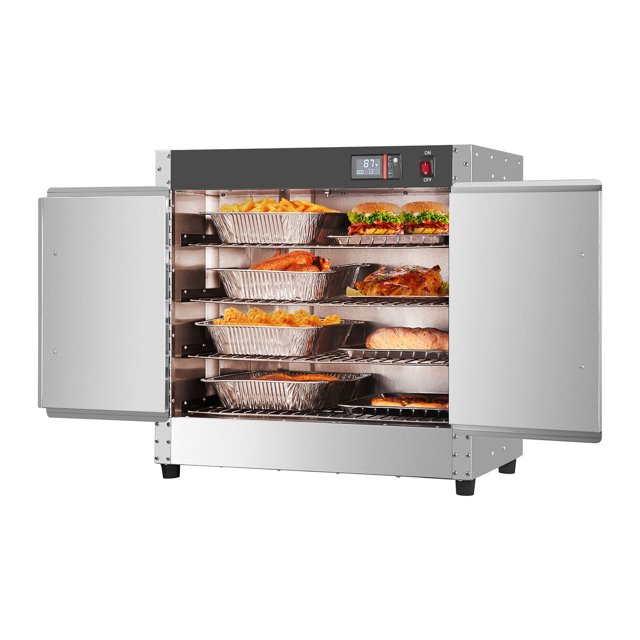 KFFKFF Hot Box Food Warmer, 4-Tier Concession Warmer with Water Tray, 4 Pans, Double-door and Adjustable Shelves, Stainless Steel Food Warmer Cabinet