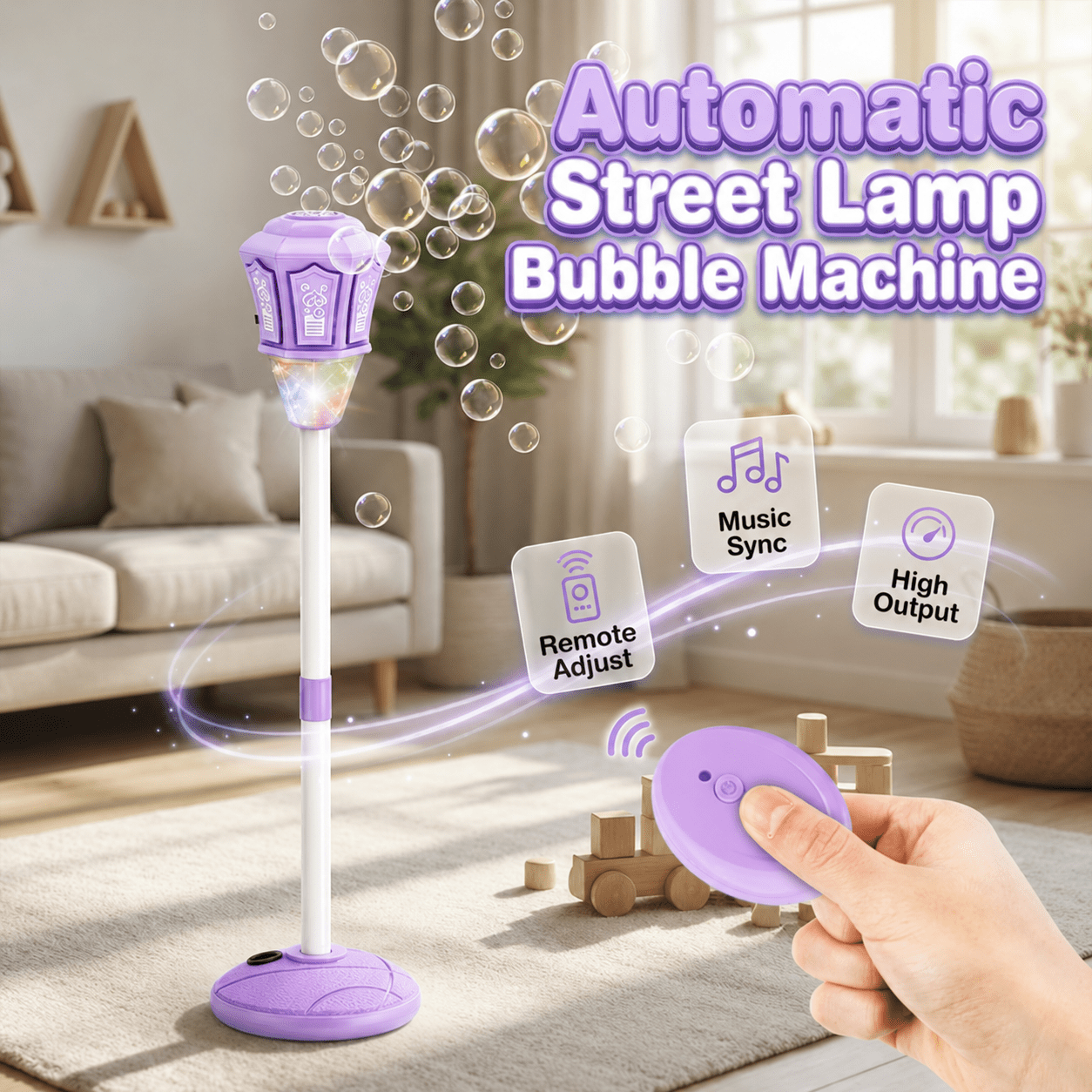 Street Lamp Bubble Machine, 2026 New Automatic Bubble Machine Stand with Light Music, Adjustable Standing Bubble Maker Blower Torch-Shaped for Outdoor Party Birthday Wedding (Purple)
