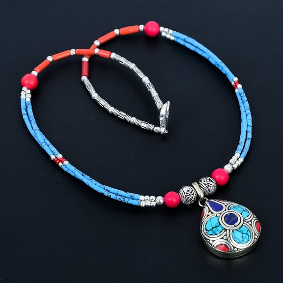 Lapis lazuli Turquoise Coral Boho 925 Sterling Silver Beaded Necklace 18" VJ 752