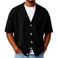 thumbnail image 2 of Cardigan Sweaters for Men V Neck Button Down Open Front Cardigan Textured Waffle Knit Short Sleeve Sweaters Casual Business Lightweight Layering Top Plus Size Cardigan,Black L, 2 of 6