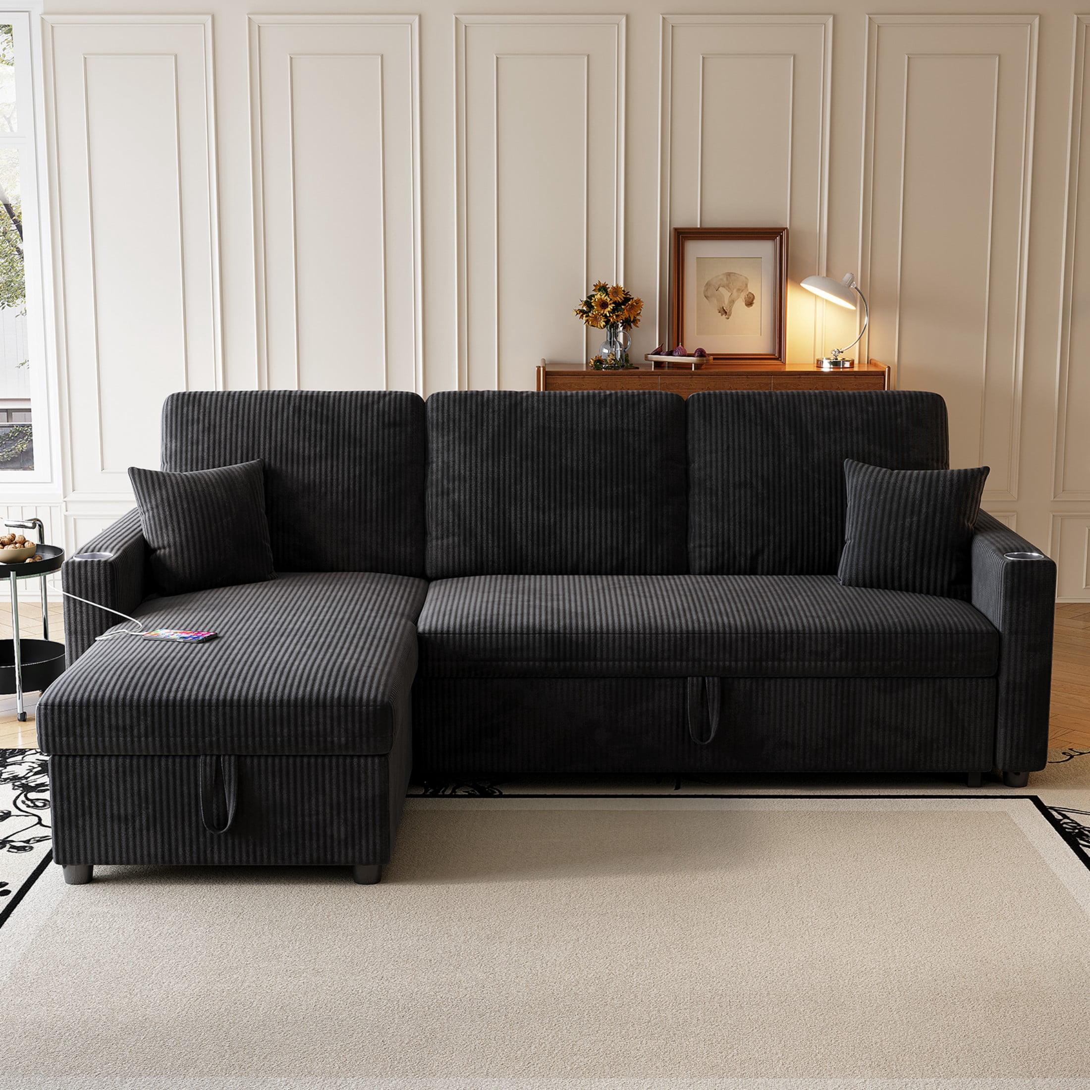 Sleeper Sectional Sofa, 83" Convertible Sofa Bed with Pull Out Couches, Small Desktop, L Shaped Couch with Reversible Chaise, Cup Holders, USB, Modern Corduroy Sofas for Living Room Apartment, Black