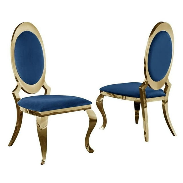 Chaises Latérales en Velours Bleu Marine à Dossier Rond Élégant avec Pieds Dorés (Ensemble de 2)