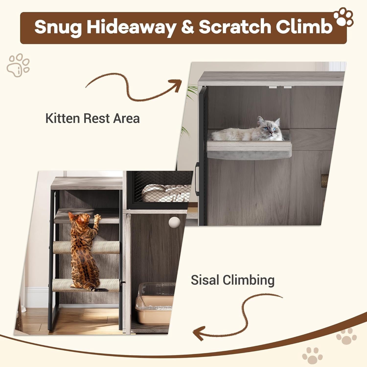 2-Tier Cat Litter Box Furniture - Enclosed Hidden Litter Box Cabinet with Doors, Storage Shelf & Step Ladder - Discrepet Cat Toilet Furniture for Home Decor, Large Size for Multiple Cats