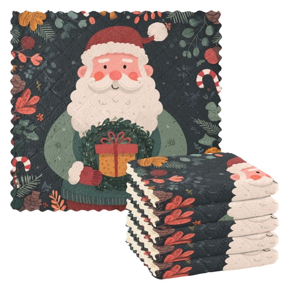 6 Pieces of Kitchen Towels 11x11Inch Kitchen Dish Cloths Kitchen Dish Towels Reuseable Cleaning Cloths Santa Claus