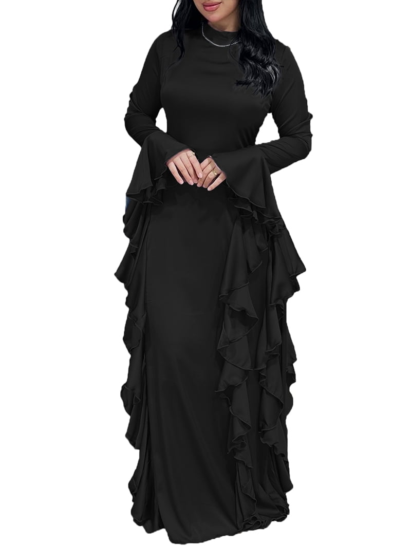 Women'S Bodycon Dresses Elegant Bell Sleeve Ruffle Hem Cocktail Party Long Dress Black XL