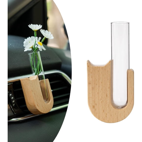 Car Vase Vent Clip, Mini Flower Car Vase Clip Wood Plant Holder Glass Tube Air Vent Decor Interior Accessories Decoration (Light Brown U)