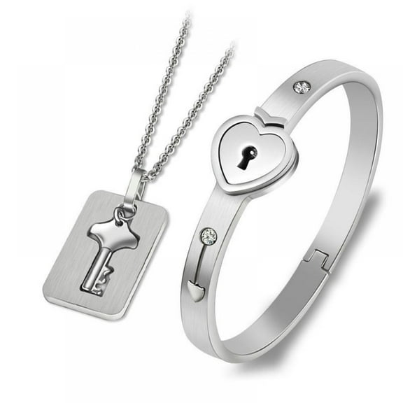 Fashion Titanium Steel Love Heart Lock Concentric Bracelet with Key Pendant Couple Necklace Sets,Necklace for Women