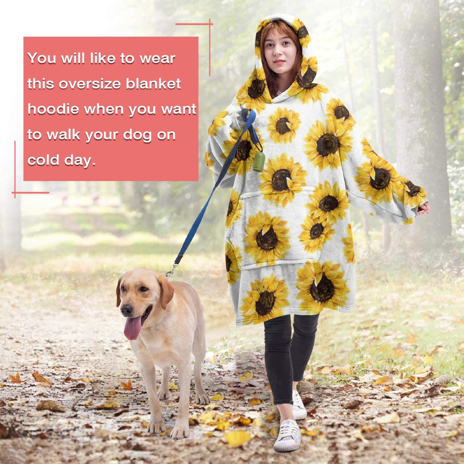 White Sunflower Pattern Wearable Oversized Blanket,Wearable Blanket Hoodie for Adults,Cozy Hooded Blankets with Super Pockets,Super Warm Fuzzy Pullover for Women & Men