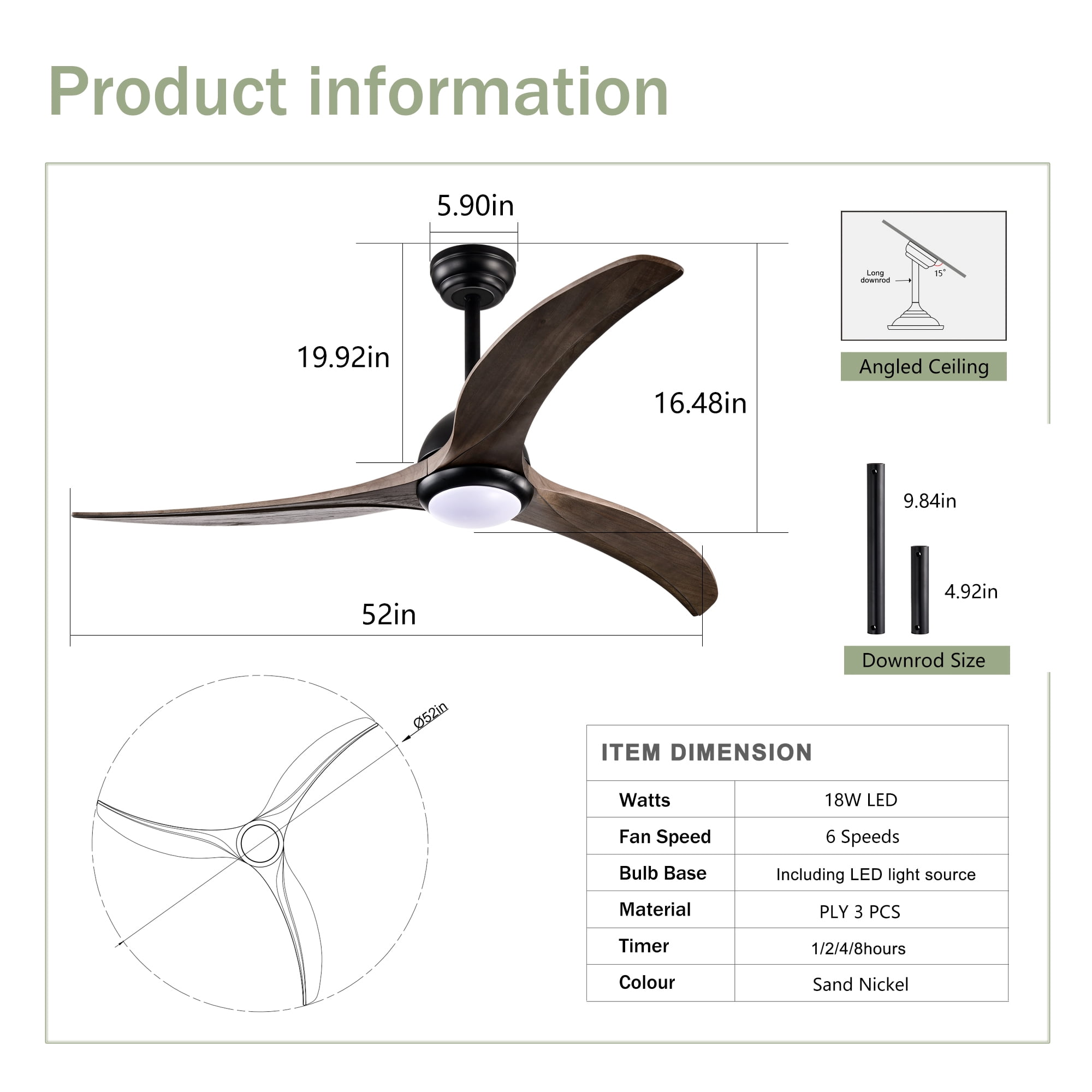 Leumius 52" Solid Wood Blades Ceiling Fan with Light and Remote Control, Noiseless Reversible Motor, 6 Speed for Patio Living Room Bedroom Office Black
