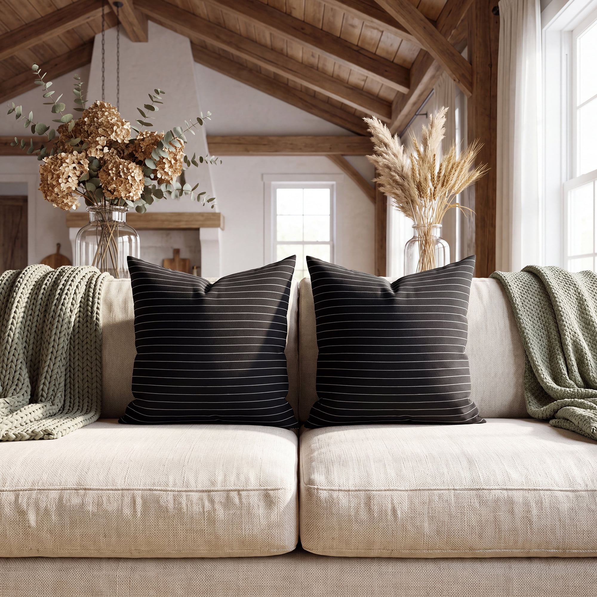 Unique Bargains 2 Pack Fine Stripe Throw Pillow Covers Cotton Blend Cases Black 18"x18"