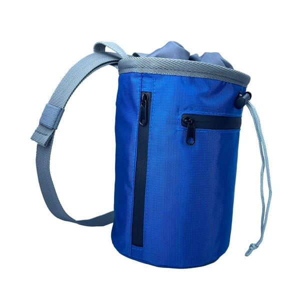 Bolsa de magnesio con correa ajustable y práctico bolsillo con cremallera para entrenamiento, pole dance, escalada en bloque y levantamiento de pesas. Azul