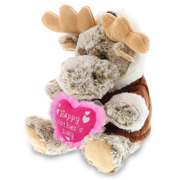 DolliBu Happy Mother's Day Super Soft Plush Sitting Moose With Sweater - Cute Stuffed Animal with Pink Heart Message for Best Mommy, Grandma, Wife, Daughter - Cute Wild Life Plush Toy Gift - 9" Inches