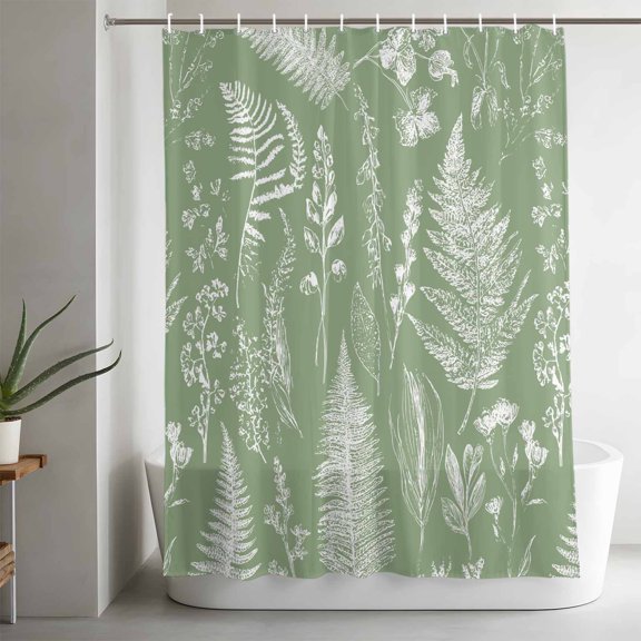 Shower Curtains for Bathroom-36"x72",Fern Leaves Sage Green Foliage Waterproof Bath Curtain Grommet Shower Curtain Set with Hooks,