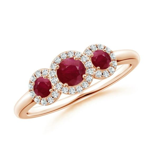ANGARA Natural Round Ruby Three Stone Halo Ring with Diamonds in 14K Rose Gold for Women (Size-4mm) | July Birthstone, Birthday, Anniversary, Jewelry Gift for Women | Natural Ruby Ring