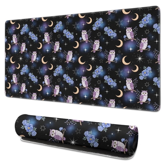 31.5x15.7 Inch Gaming Mouse Pad, Non-Slip Stitched Rubber Desk Mat for Desktop & Laptop,Owl Celestial Floral Dark Blue Pattern