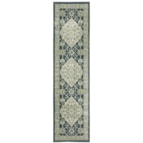 Oriental Weavers Branson Area Rug - BR05A - 1'10" x 7'3" - in Teal Blue/ Ivory - Vintage Inspired, Stain Resistant, Family and Pet Friendly , Entryway, Hallway Runner Rug