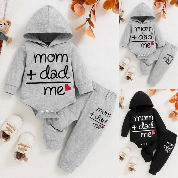 6-9 Months Newborn Bodysuit Newborn Baby Boy Clothes Plaid Letter Print Long Sleeve Hoodies Long Pants 2PCS Fall Winter Outfits Set Grey Infant Gift