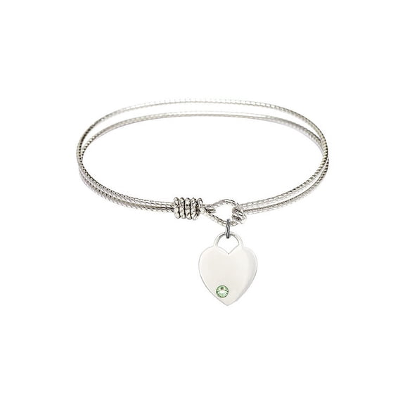 6 1/4 inch Oval Eye Hook Bangle Bracelet w/ Heart medal charm w/ August Green Swarovski Crystal
