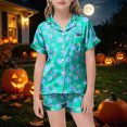thumbnail image 2 of KPOPLK 2-13T Halloween Girls Pajama Set Ghost Print Short Sleeved Button Down Collar Shirt and Shorts Silk Sleepwear 2Piece,Size 10-11 Years, 2 of 5