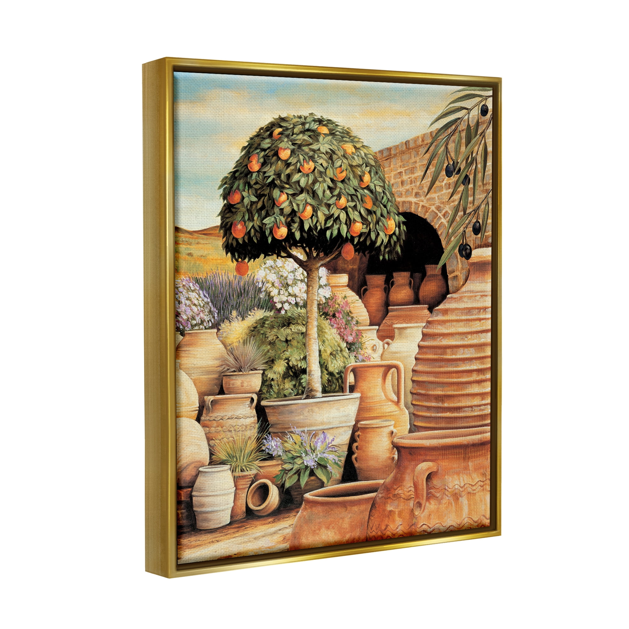 Stupell Industries Orange Tree & Pottery Scene Nature Painting Gold Floater Framed Art Print Wall Art, 17 x 21