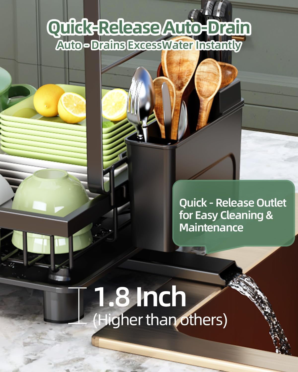 2 Tier Black Rustproof Carbon Steel Dish Drying Rack with Drainboard and Utensil Cup Holder