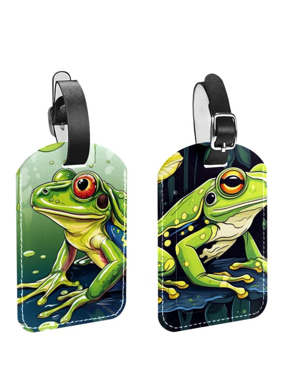 Square 2Pack PU Leather Frog Cruise Luggage Tag with Privacy Cover and Name ID Tag for Travel Handbags Backpacks Luggage Tags