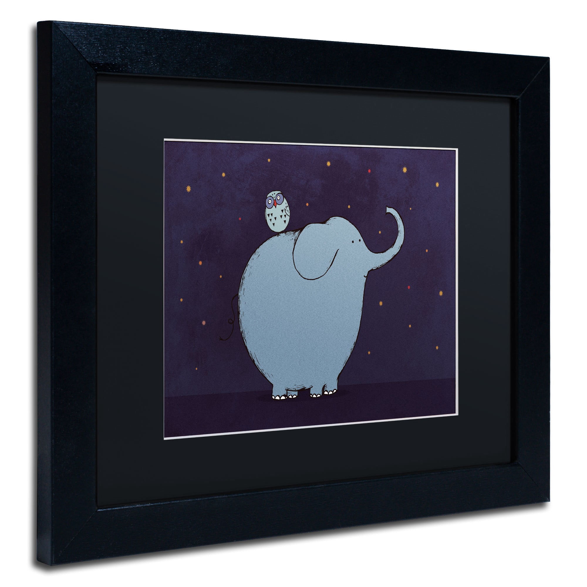 Carla Martell 'Owl and Elephant' Black Matted Framed Art