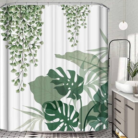 Aonewoe Greenery Showers Curtain Mould Proof Resistant Fabric Shower Curtain with 12 Hooks for Bathroom