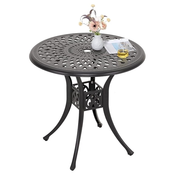 30 Inch Patio Dining Table, Cast Aluminum Round Outdoor Table with Umbrella Hole for Patio, Backyard, Deck Black