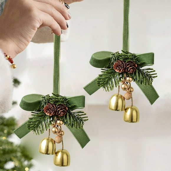 yulier Velvet Bow Christmas Bell Hanging Ornaments for Home Door Wreath Christmas Tree Decorations, Metal Bell Pendant with Pinecones Pine Needles Berries