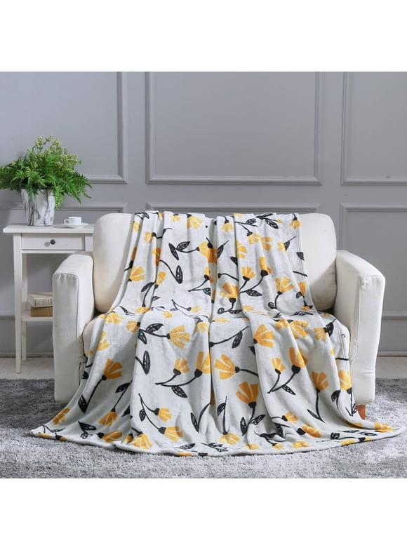 DaDa Bedding Soft Lightweight Fleece Throw Blanket, Yellow Fleur Floral Golden Orange Silver/Grey Background (XY1011)