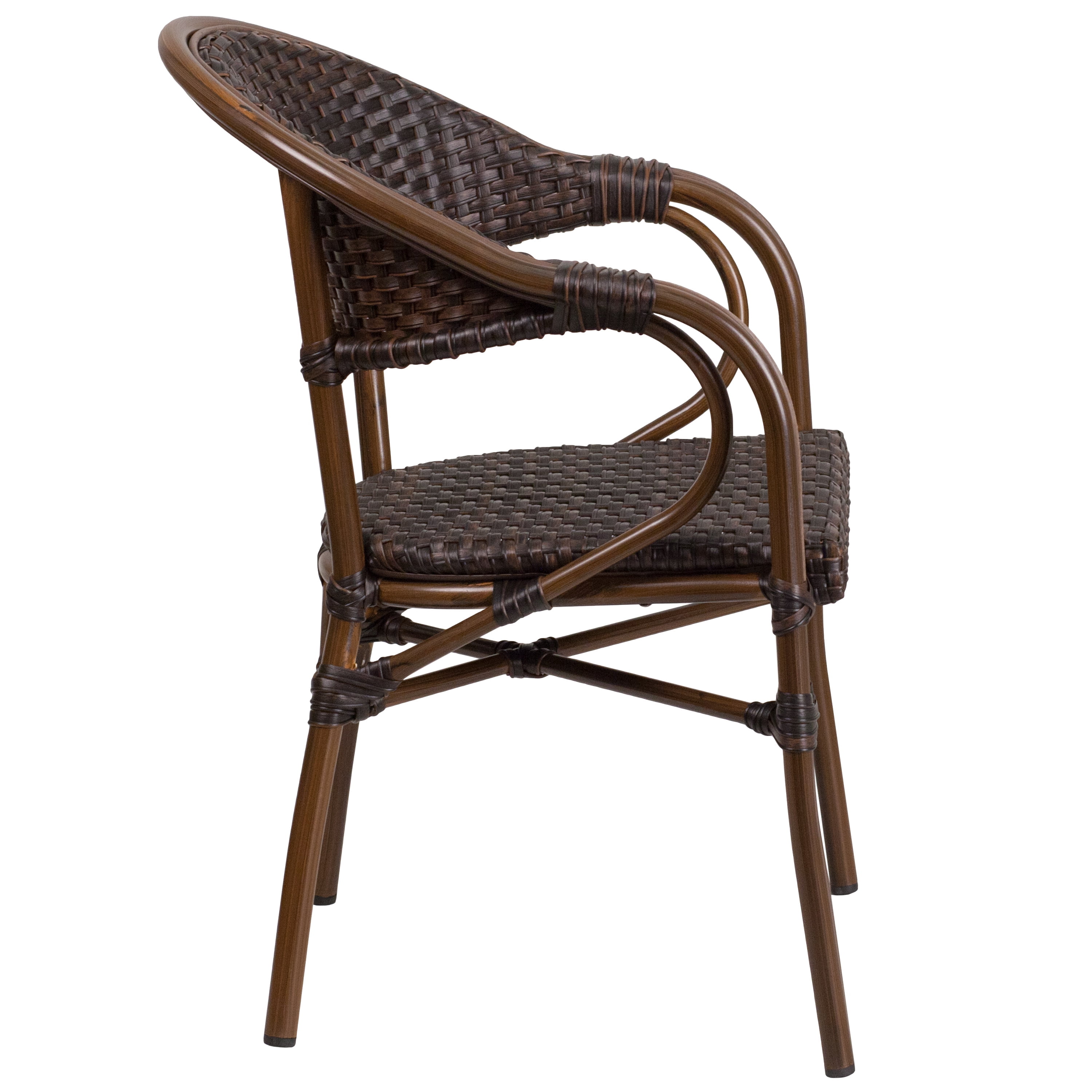 Emma + Oliver Bark Brown Rattan Patio Chair with Red Bamboo-Aluminum Frame