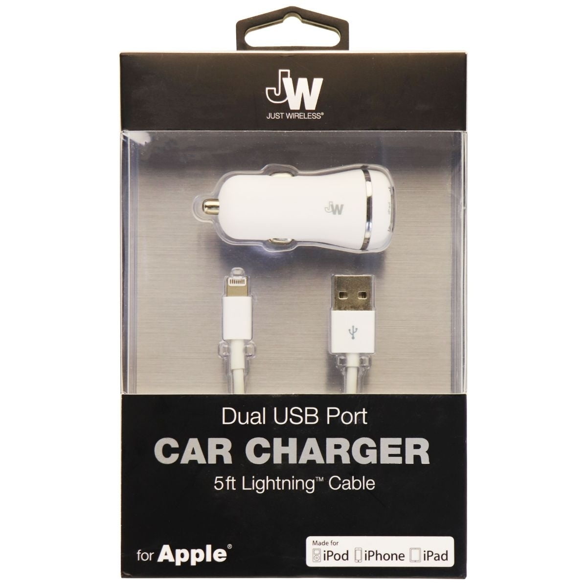Just Wireless Dual USB Car Charger Adapter and 5 ft Lightning USB Cable White Just Wireless Dual USB Car Charger Adapter and 5 ft Lightning USB Cable White