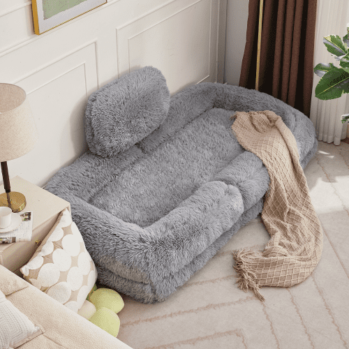 5-Position Adjustable Human Dog Bed, Convertible Floor Sofa & Gaming Chair, Plush Faux Fur Lounger for Bedroom & Living Room, Gray