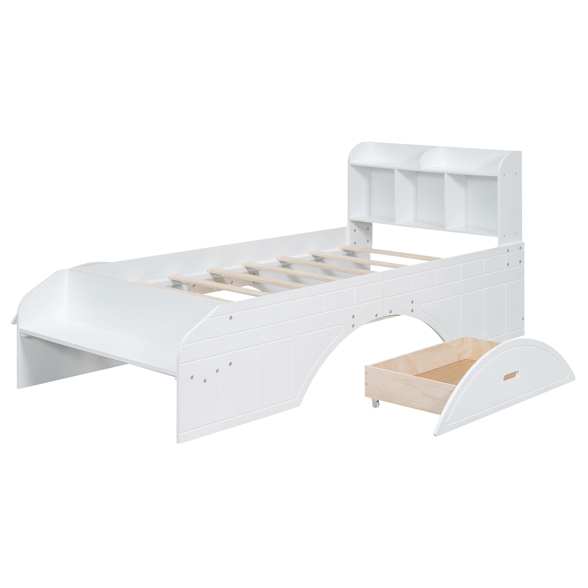 Euroco Pine Wood Storage Platform Bed with 2 Drawers and Shelves, Twin Size for Kids Teens, Green