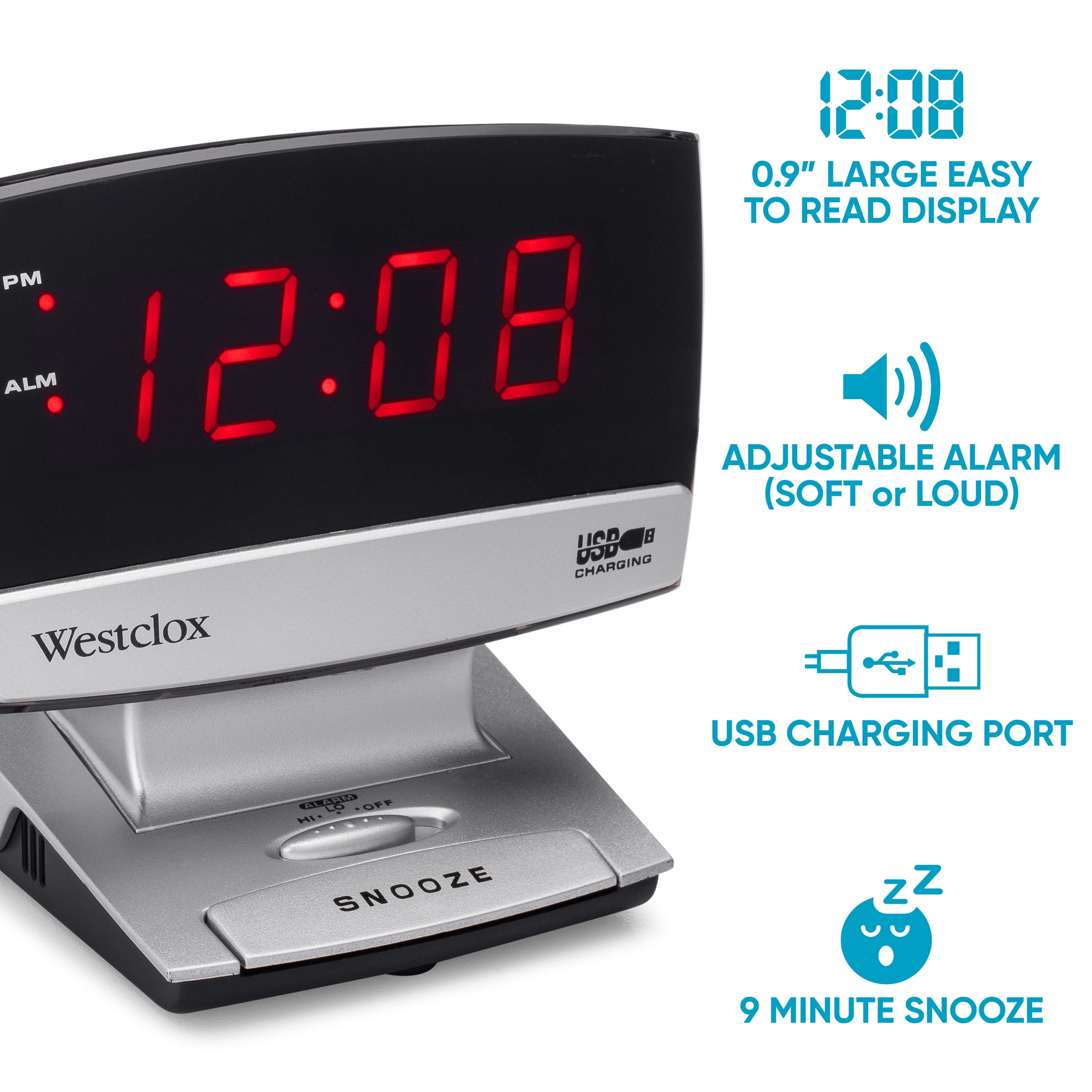 Westclox Electric Black Digital Alarm Clock 9 Minute Snooze Soft or Loud Alarm 