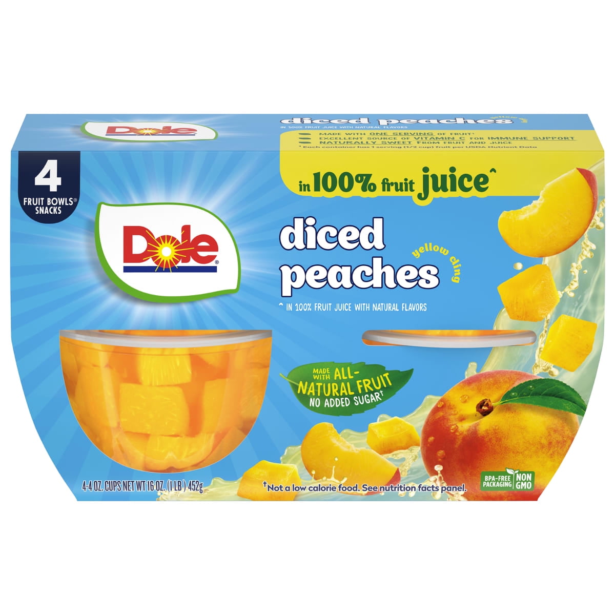 Dole Fruit Bowls Diced Peaches in 100% Fruit Juice, 4 oz Cups (4 Pack)