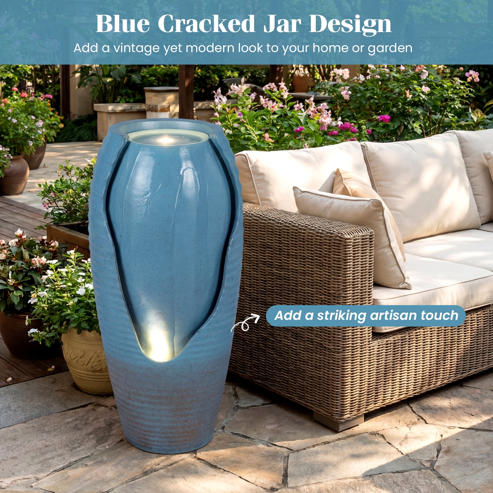 Costway 32” Tall Jar Water Fountain with LED Lights & Pump for Garden Patio Yard Porch
