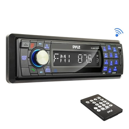 - PYLE PLMR17BTB - Bluetooth Marine Stereo Radio - Waterproof/Weather proof Single DIN 12v Boat Receiver with Digital LCD, RCA, MP3 / USB Reader, AM FM Radio - Wiring Harness, Remote Control - (Black)