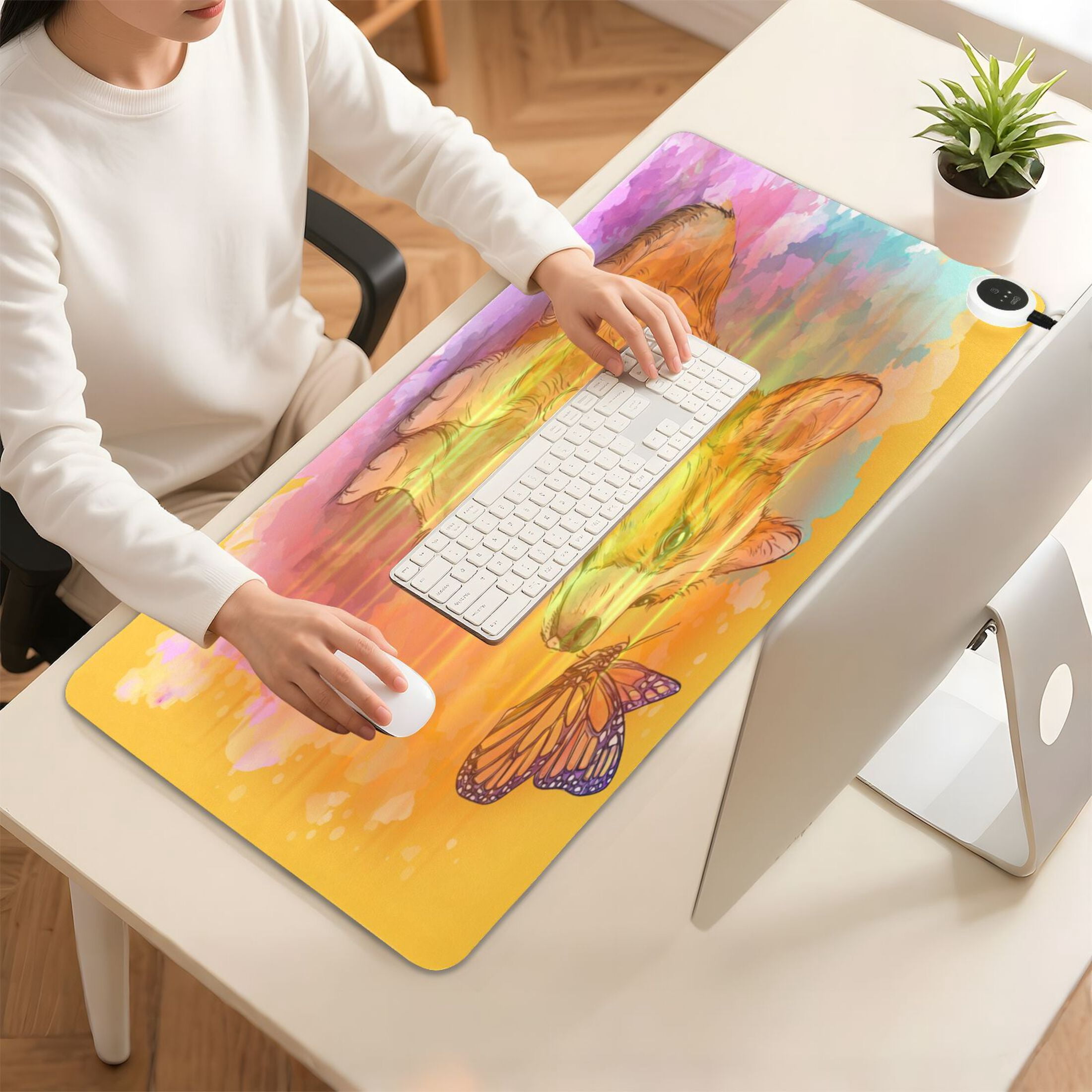 Large Heated Desk Mat Mouse Pad 31.5"x13"PU Leather Graphene Heating Desk Warmer with 3 Temperature Settings 110V US Plug Non-Slip Warm Pad for Home, Office, and Gaming Cartoon Drawing Of A Corgi