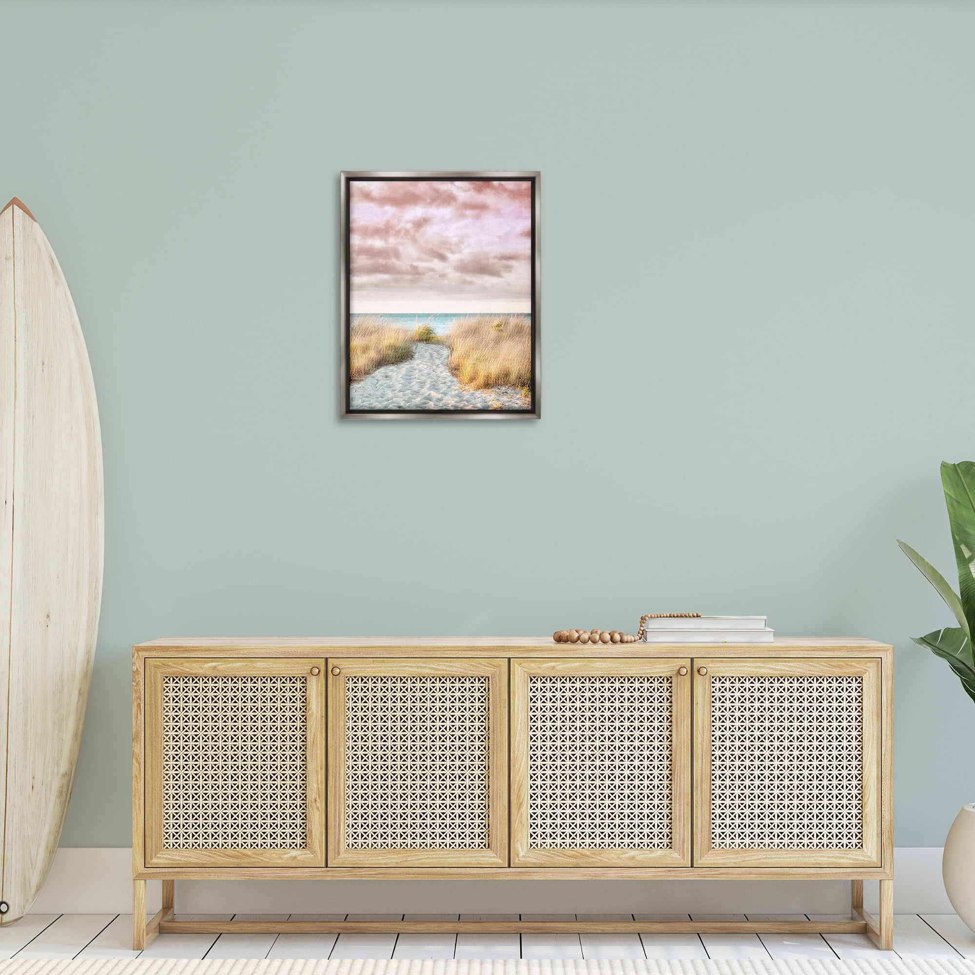 Stupell Industries Beach Path with Pink Sky Landscape Photography Gray Floater Framed Canvas Art Print Wall Art, 25 x 31