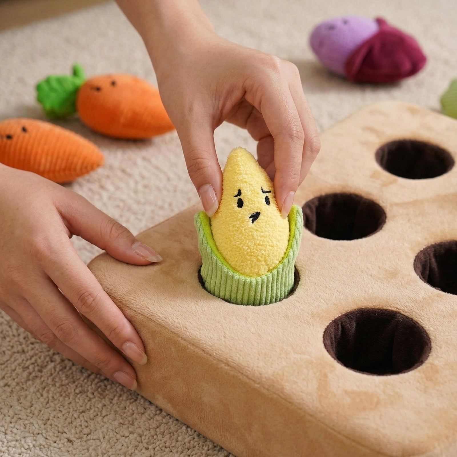 Plush Garden Vegetable Patch Enrichment Dog Puzzle for Foraging and Brain Challenge Interactive Snuffle Mat for Puppies and Kittens Indoor Boredom Relief Pet Toy