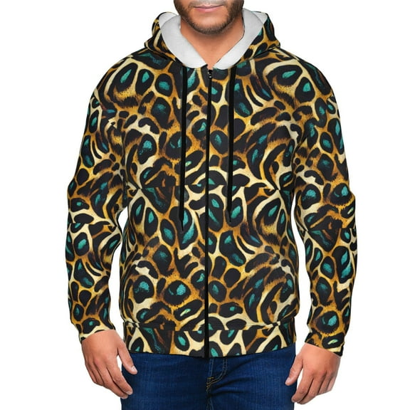 Honeii Teal Leopard Print Hoodies for Men, Pullover & Full Zip, Breathable Zip up Hoodie, Sweatshirt-Small