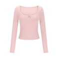 thumbnail image 3 of HAiming Womens Slim Ribbed Knit Shirts Trendy Lace Stitching V Neck Long Sleeve Crop Tops Fall Casual Basic Blouse, 3 of 5