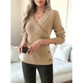 thumbnail image 4 of Women V Neck Long Sleeve Sweaters Criss -Wrap Ruched Pullover Fall Tops Khaki S, 4 of 6
