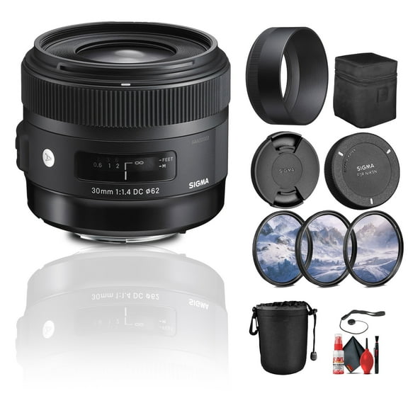 Sigma 30mm F/1.4 DC HSM Art Lens for Nikon F (301-306) Bundle with 3-Piece Filter Kit, Lens Pouch, Full Cleaning Kit, Lens Hood, Lens Case, Front and Rear Caps, Cap Keeper